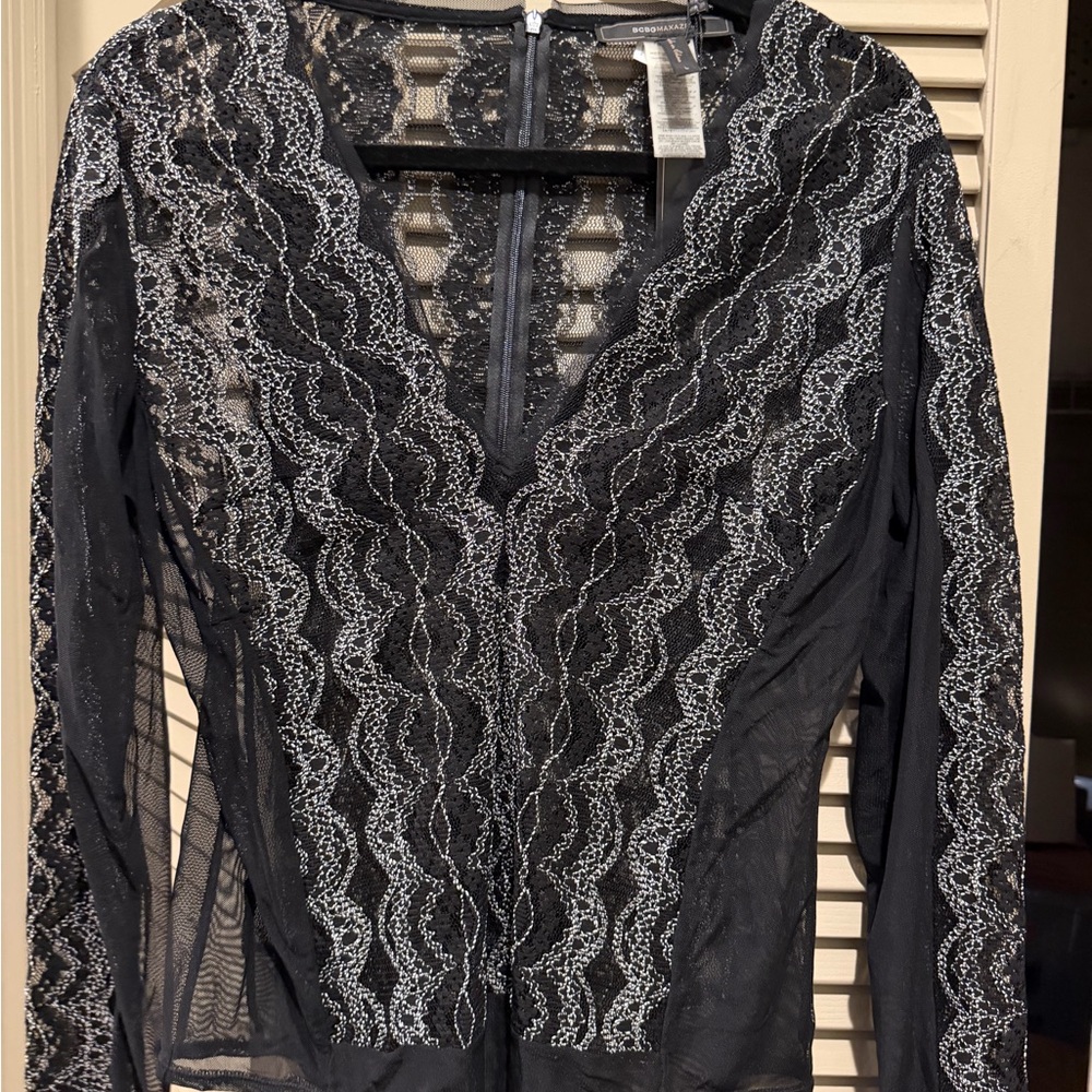 NWTs BCBG Maxazria Sexy Sheer Lace Long Sleeve Thong Bodysuit see video